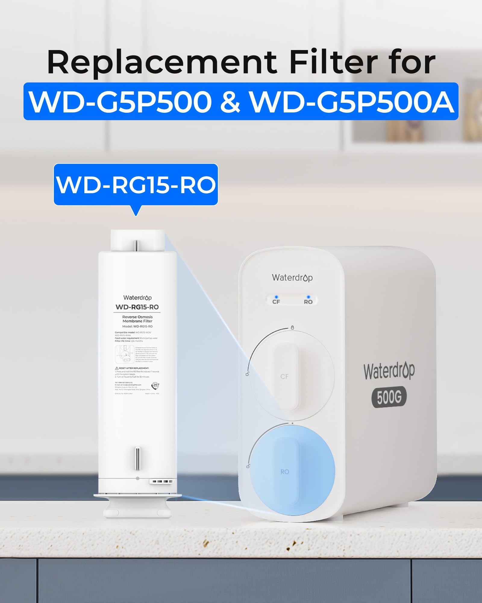 Waterdrop WD-G5P500-RO Filtro, Repuesto Para Sistemas de Ósmosis Inversa Bajo Fregadero WD-G5P500 y WD-G5P500A, 24 Meses de Vida Útil