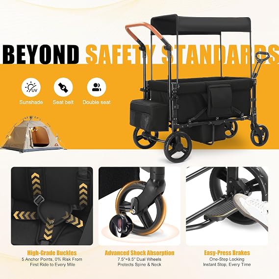 Stroller Wagon for 2 Kids, Foldable All Terrain Wagon for Kids, with Removable Canopy, Adjustable Push and Pull Handle, 5 Point Harnesses, Large Storage Bag (Black)