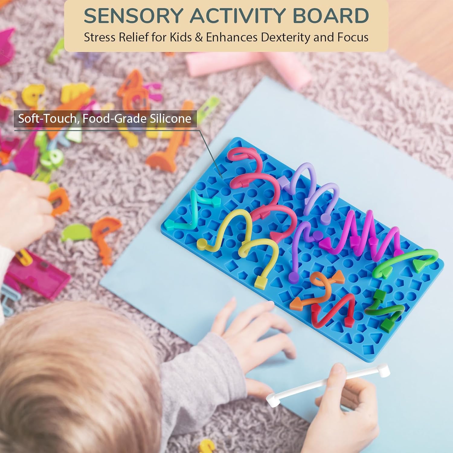 Fidget Toys Sensory Activity Board for Kids, Fidget for Stress Anxiety Autistic ADHD, Calm Down Travel Airplane Classroom Students Prizes Toys Stuffer Gifts ,Portable Storage Box & 14 String