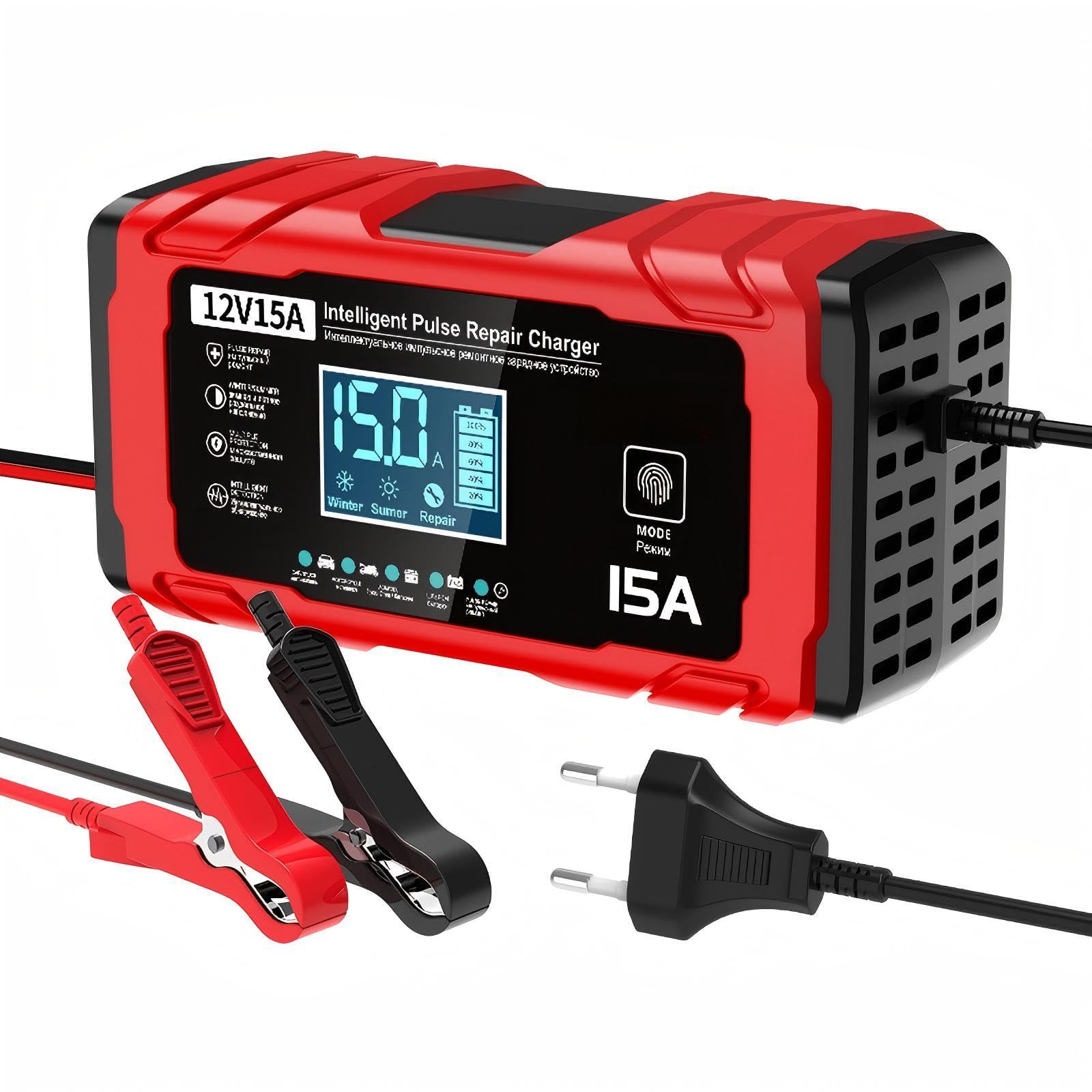 15A Chargeur de Batterie Voiture - 12V 15A Chargeur Batterie Moto Intelligent Entièrement Automatique avec Compensation de Température pour Les Batteries Plomb-Acide et LifePO4, Bateaux,Moto