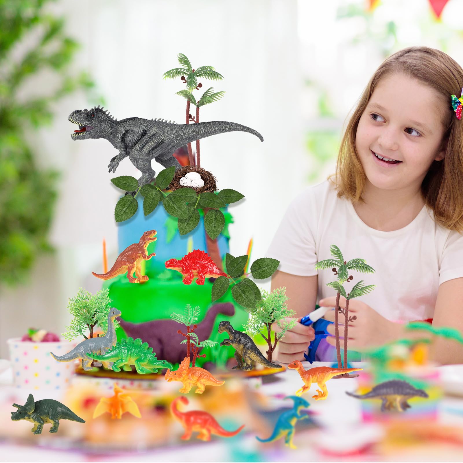 Dinosaurier-Kuchendeko-Set – Mit „Happy Birthday“-Banner, Dino-Figuren & Blatt-Deko – Für Kindergeburtstag, Babyparty, Dschungel-Thema