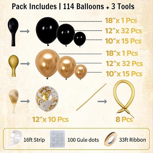 Miniatura 3 de Kit de arco de globos negros y dorados, globos negros mate y dorados metálicos de 51218 pulgadas con globos de confeti dorado y globos largos