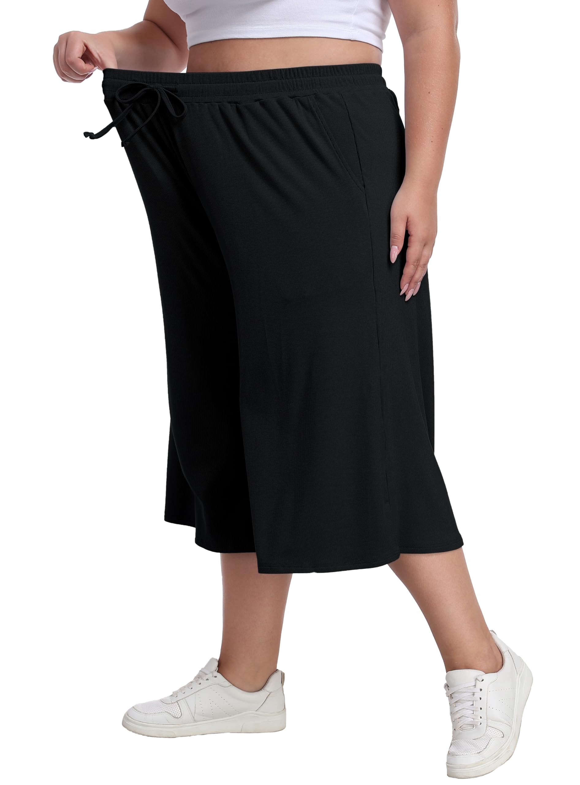 Womens Plus Size Wide Leg Capris Summer Palazzo Lounge Cropped Pants Casual Flowy Capri Pants with Pockets
