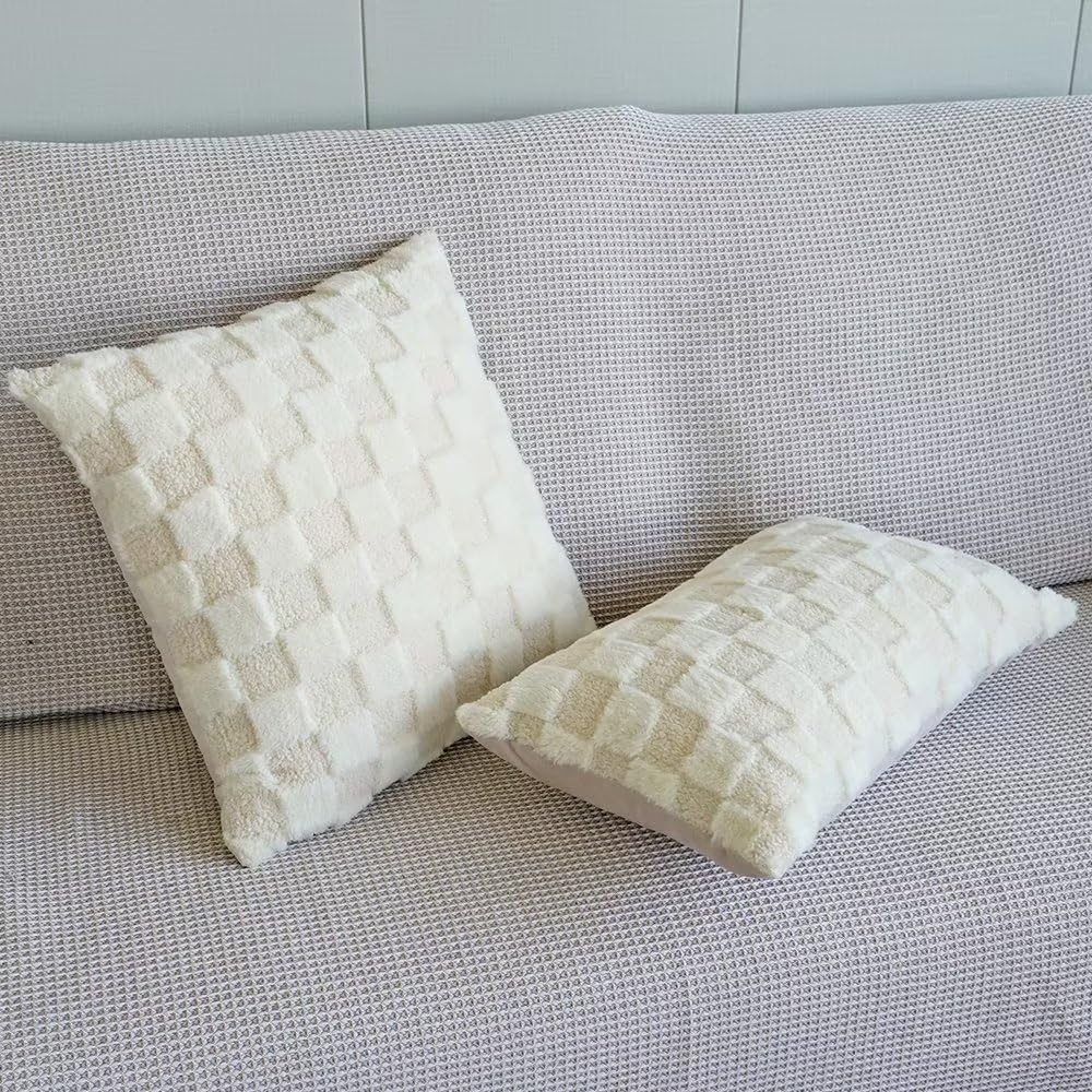 Pack of 2 Soft Plush Faux Fur Throw Pillow Covers 18x18 Farmhouse Decorative Checkered Jacquard Pillow Covers for Couch Sofa Holiday Spring Home Decor Ivory x2 - Image 4