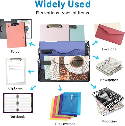 Miniatura 6 de Organizador magnético de archivos de 3 bolsillos para oficina y hogar, cargador vertical y soporte de correo con montaje sin taladrar para pared,