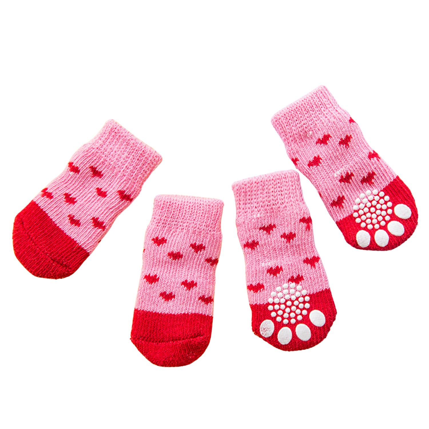 MeiAOBest 4PCS Pet Socks,Cute Knitting Anti-Slip Cat Dog Floor Socks Paw Protectors Cove for Indoor Outdoor Hot Pavement Hardwood Floor Protection_S(Red Love)