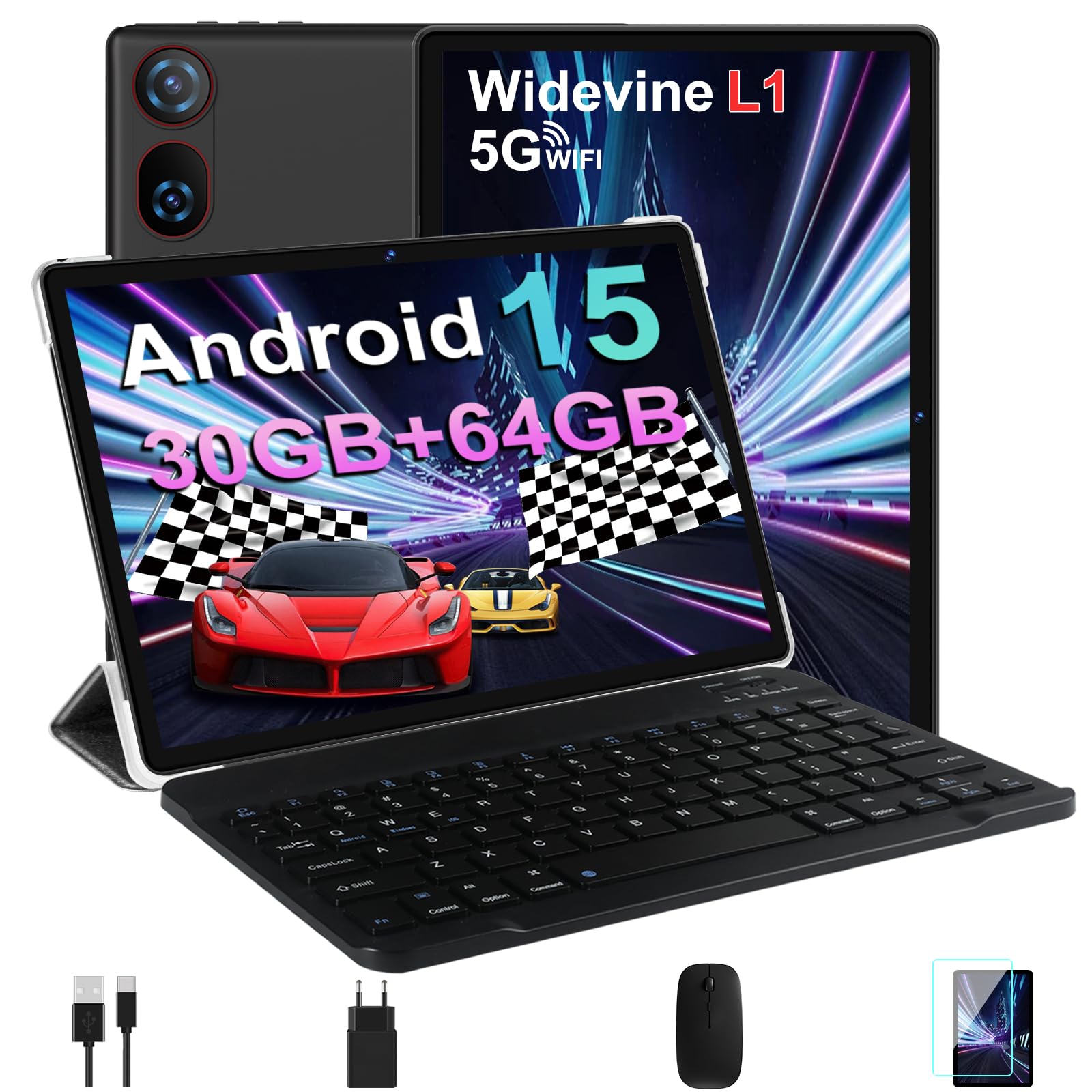 DMOAO Tablet 10 Pollici Android 15 con 30 GB RAM + 64 GB ROM(2TB Espansione), FHD Tablet con Tastiera e Mouse, 5G Wi-Fi, GPS, Widevine L1, Octa-Core, USB-C, BT 5.0, 6000 mAh, 8MP+5MP, Gemini AI, Nero