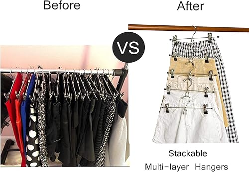 Miniatura 4 de Amber Home Paquete de 26 perchas de metal resistentes para faldas de pantalones, perchas de metal apilables con 2 clips ajustables, perchas de clip