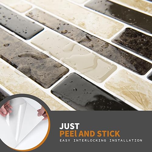 Miniatura 5 de WOWSTAR Azulejos de 10 hojas para despegar y pegar, azulejos de cocina con aspecto de mármol, 12 x 12 pulgadas (bronceado)