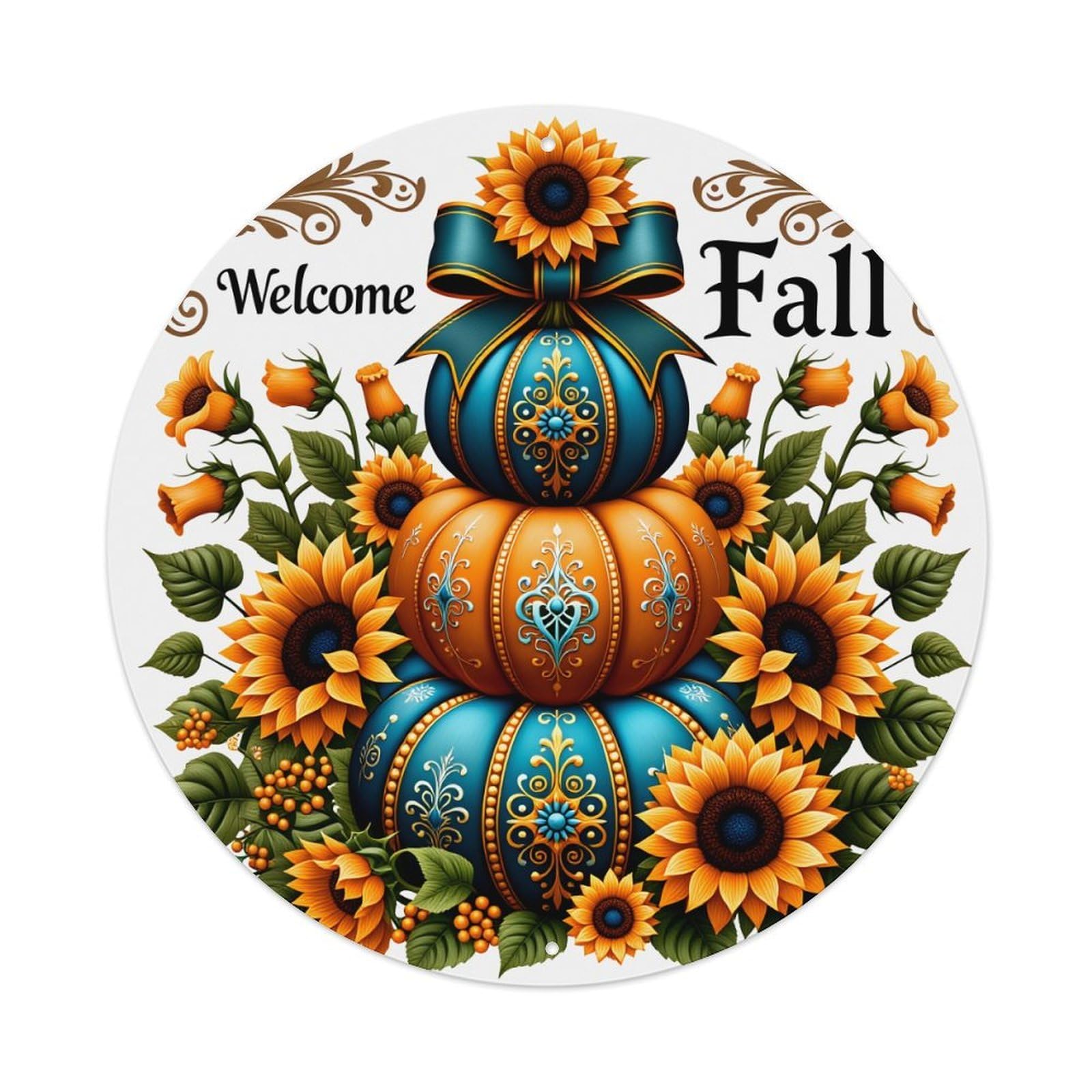 Wmlzdnwr Vintage Pumpkin Sunflower Autumn Leaves Floral Pattern Decorative Art Round Tin Sign,Retro Wall Art,Metal Poster For Home, Bar, Garage, Cafe, Rustic Indoor & Outdoor Decor, 8X8 Inches