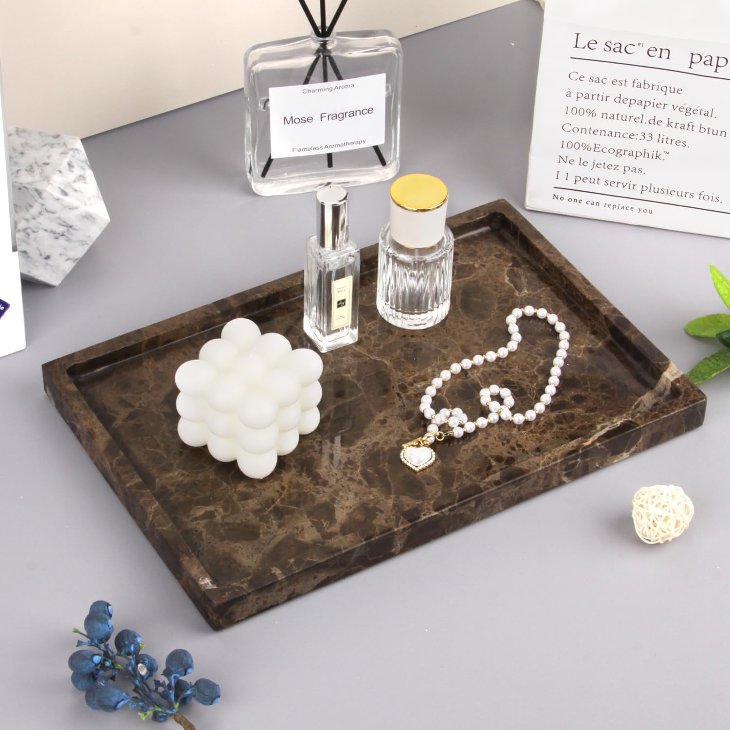 Marble Bathroom Vanity Tray, Natural Marble Home Kitchen Bathroom Table Tray, Stone Decorative Countertop Serving Trays for Coffee Perfume Jewelry Makeup (1, Dark Brown, 12 * 8 * 0.8) - Image 2
