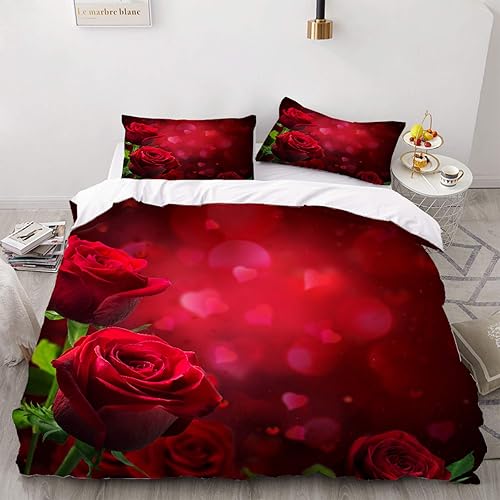 HUIJIE Juego de funda de edredón de 23 piezas, con estampado 3D, diseño de corazón de rosa roja, funda de edredón de impresión de moda, popular