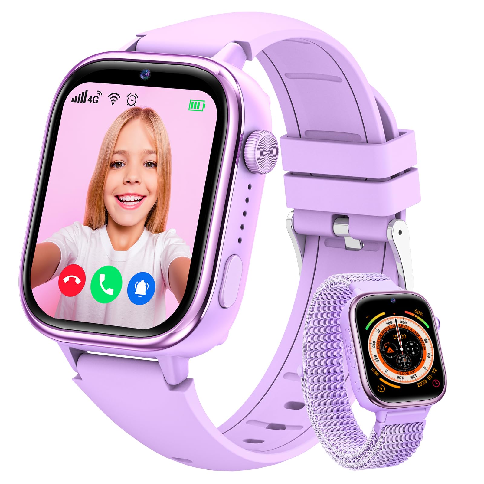 Minilandia 4G Smartwatch Bambini, Orologio Telefono Bambini con Videochiamate/GPS/SOS/Chat Vocale, Modalità Scuola, Sveglia, Contapassi, IP68 Impermeabile Smart Watch per Ragazzi Ragazze, Regalo Viola