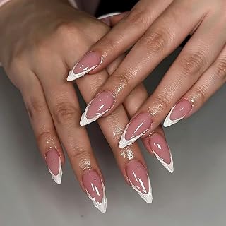Almond Press on Nails French Tip Fake Nails White False Nails with 3D Designs Medium Length Nail Press ons Sparkly Artificial Nails for Women 24Pcs