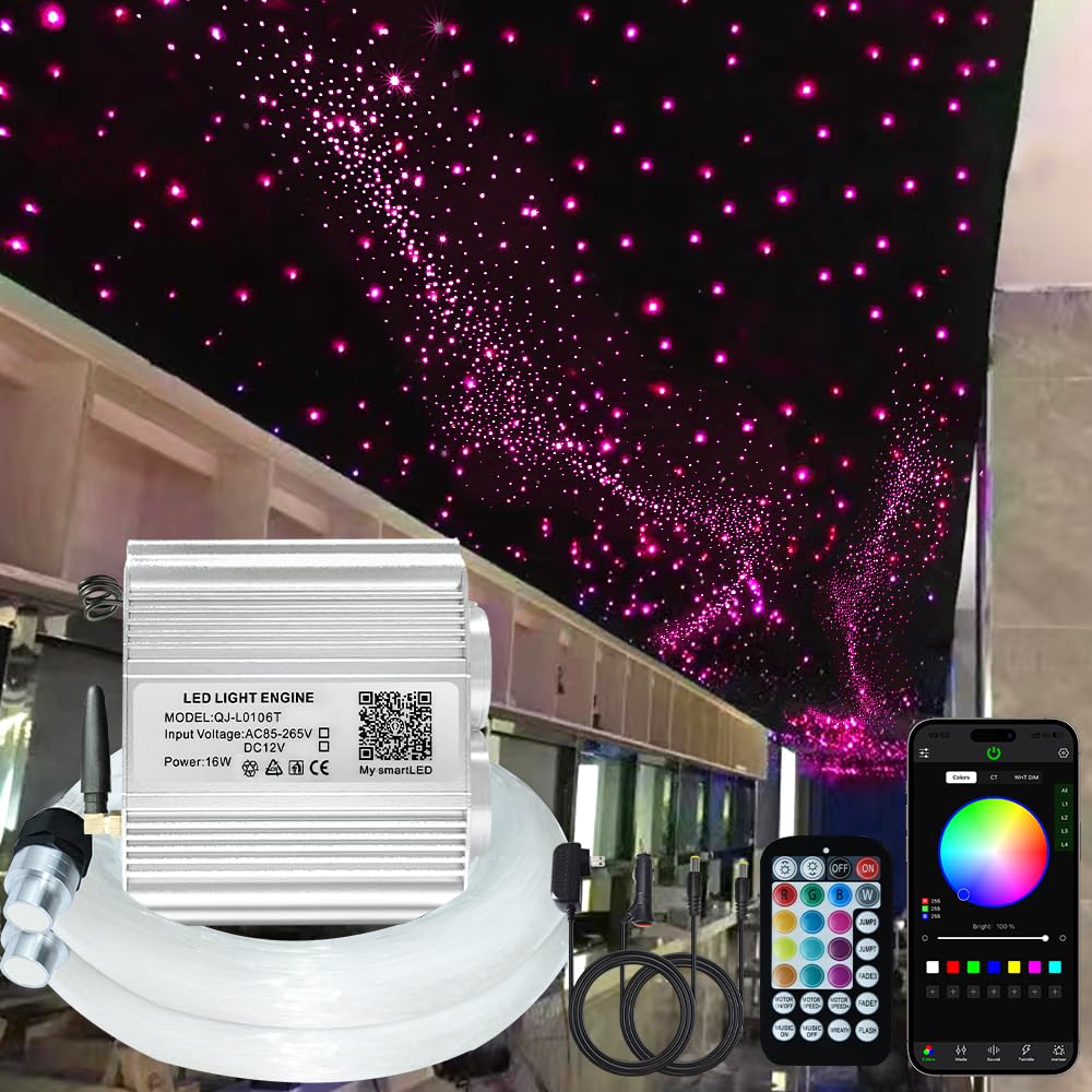 Firework 16W Dual Head Twinkle Fiber Optic Lights Kit, Bluetooth RGBW LED Starlight Headliner Kit for Car Home Ceiling Star Ceiling Sky Light with APP/Remote Music Mode 920pcs Mixed Fibers 9.8ft/3m