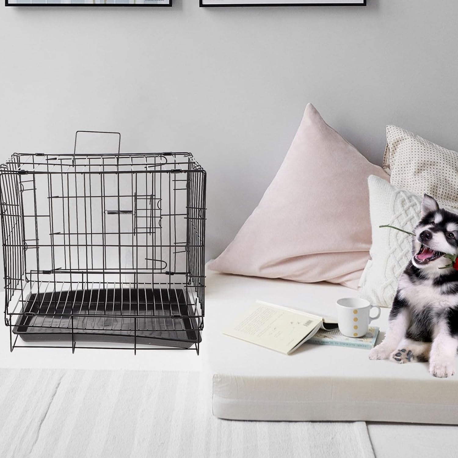 Folding Dog Crate Iron Wire Kennel Sturdy Medium Small Pet Cage Black 35# Suitable for Indoor Outdoor Use