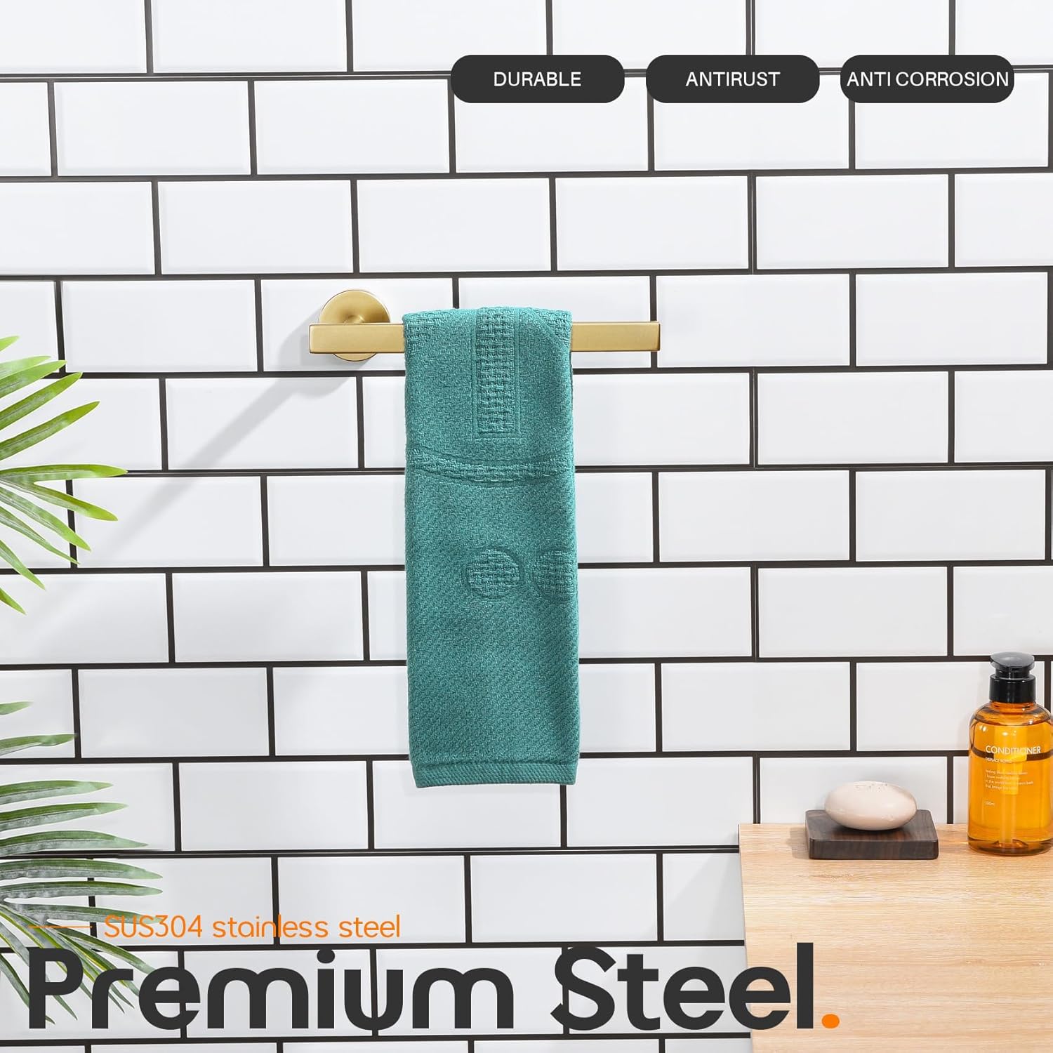 12 Inch Bathroom Towel Bar Bath Towel Rack Kitchen Towel Holder Towel Ring Towel Shelf Wall Mounted Brushed Gold AN4001GD-L12+AN3001GD