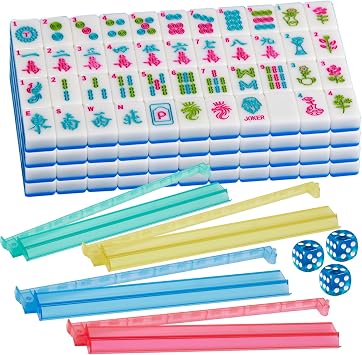 American Mahjong Sets with Pushers 1.2-inch Blue Mahjong Tiles Set | 166 Mahjong Tiles and 4 PCS Mahjong Racks with Pushers