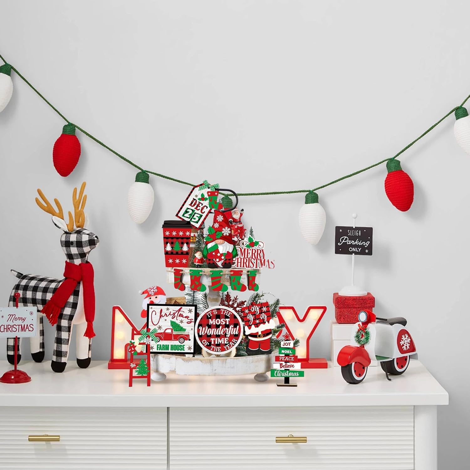 14 Pcs Christmas Tiered Tray Decorations, Set Decor Wooden with Adorable Designs Versatile Holder for Celebration