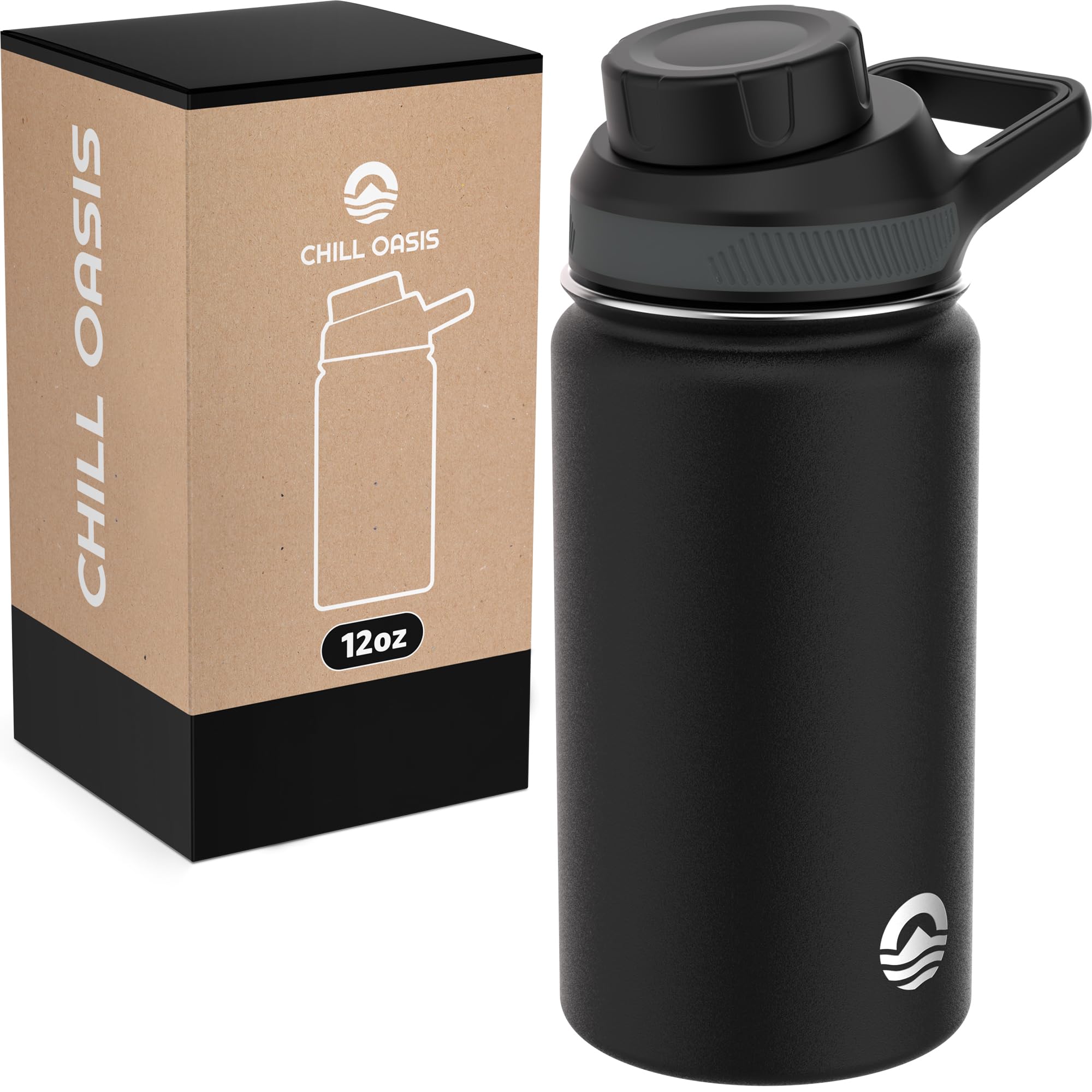 Chill OasisWater Bottle | Compatible With Popular Flavor Cartridges | BPA Free, Leak Proof, Double-Walled Vacuum Insulated Stainless Steel, and Dishwasher Safe | Cold for 24 Hours (Black, 12oz)