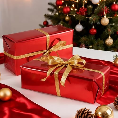 Miniatura 2 de Papel de regalo de Navidad rojo, papel lustre metálico de color sólido de 17 pulgadas x 33 pies, rollo de papel de regalo rojo con líneas de corte
