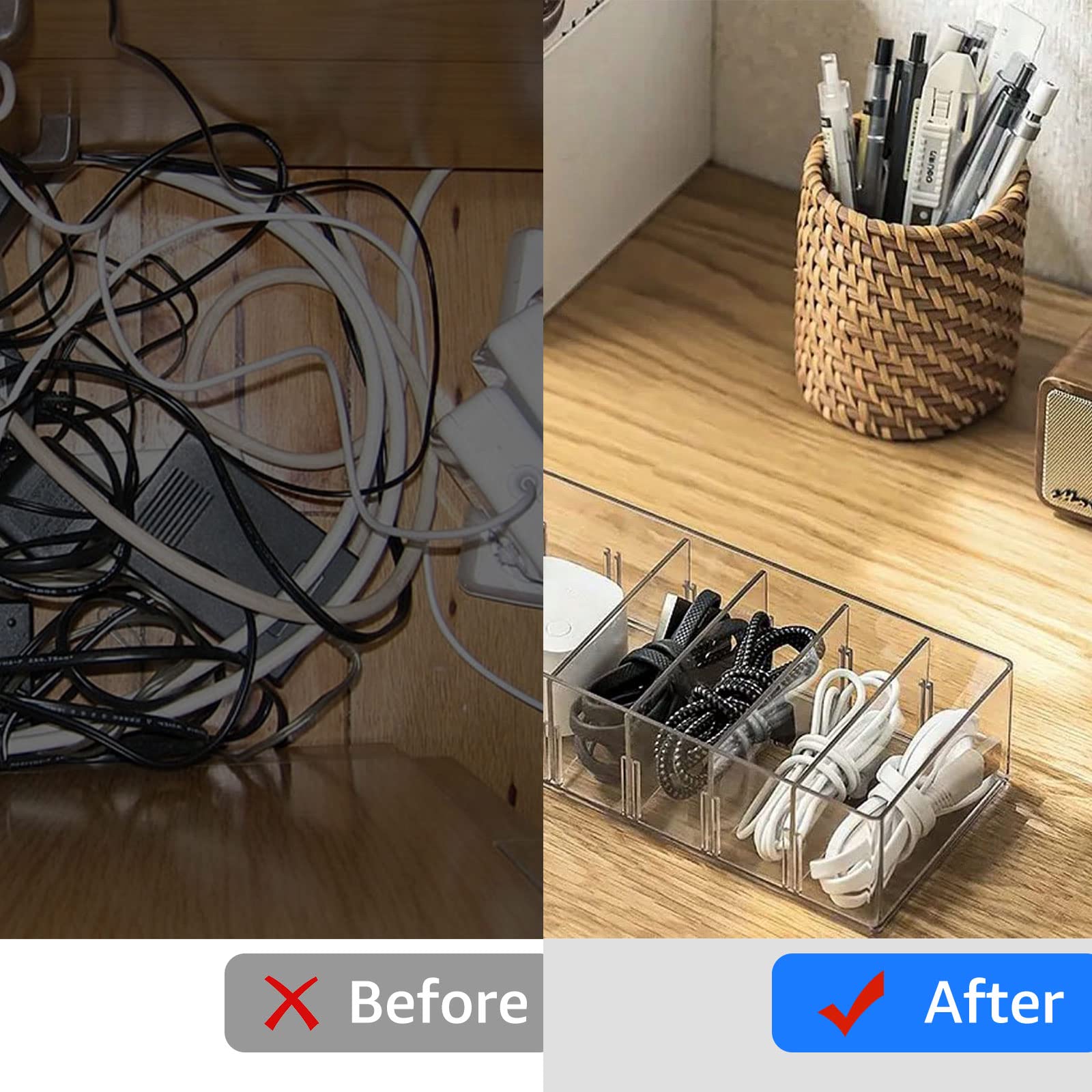 Organizador De Cables Con Tapa - 8 Compartimentos, 10 Bridas, Transparente, Para Escritorio