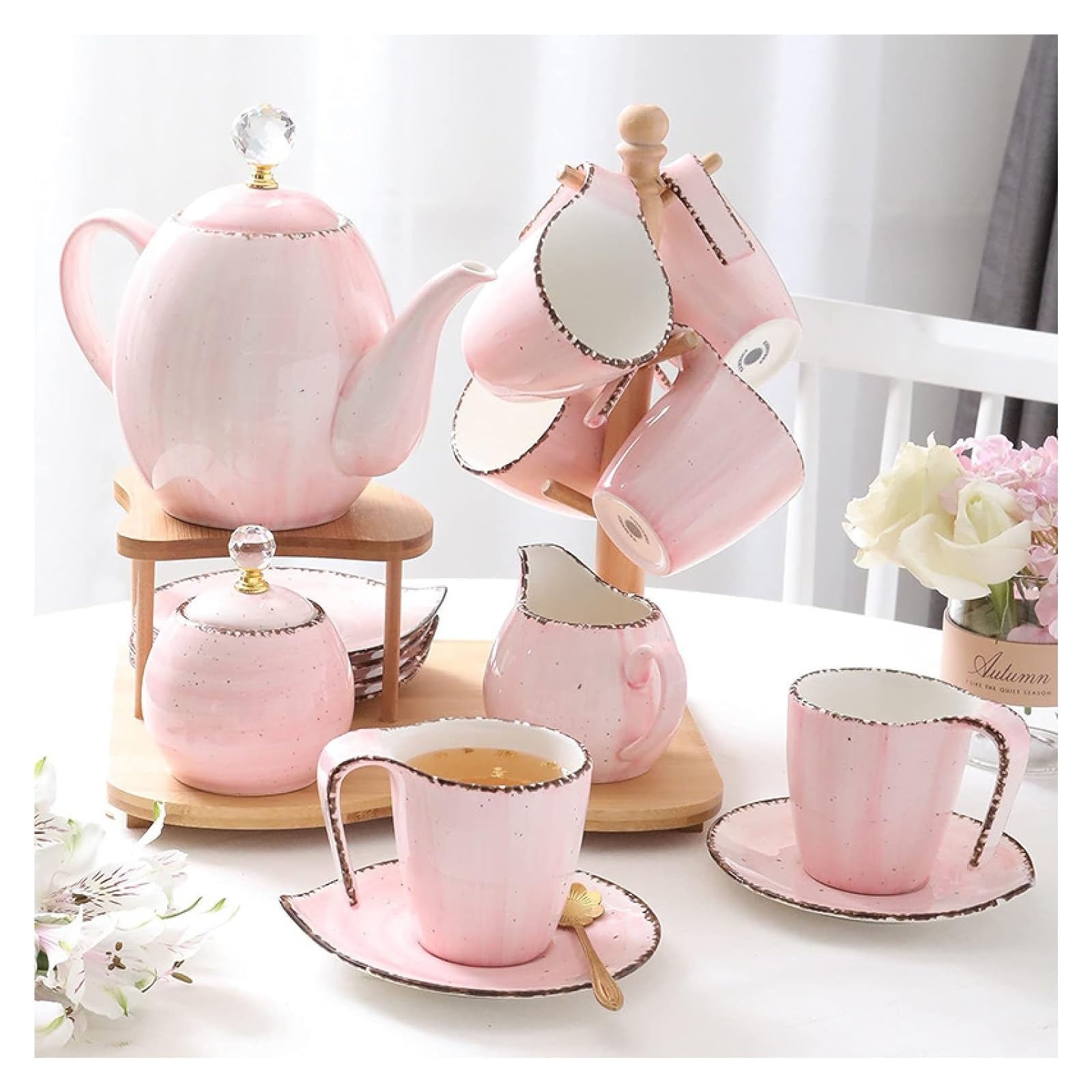 zestaw do herbaty, 16-częściowe zestawy upominkowe z porcelany ceramicznej do kawy i herbaty, filiżanki 6 sztuk, czajniczek, cukiernica drewniany stojak
