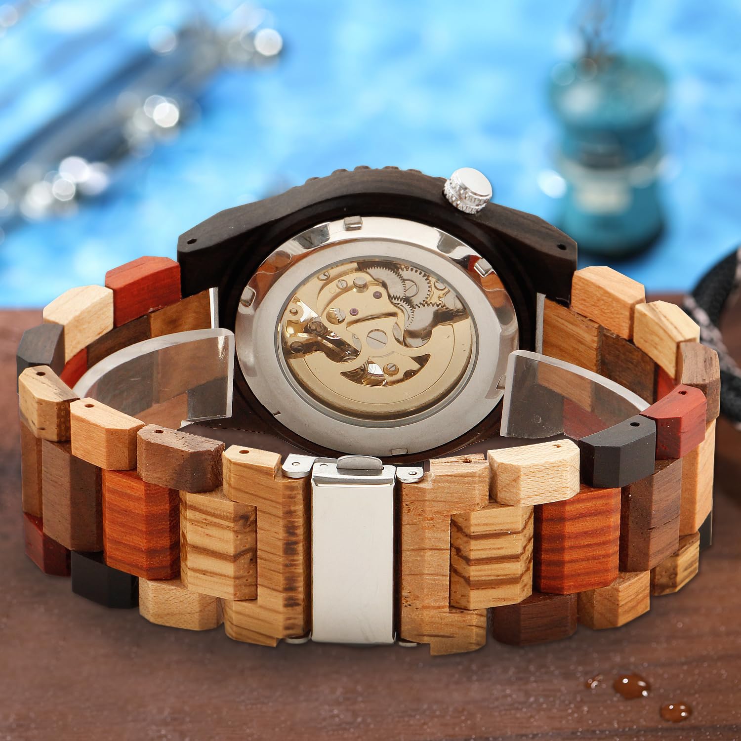 Tiong Orologio sportivo meccanico in legno, quadrante digitale cavo, cinturino in legno con lancette luminose, orologio meccanico da uomo