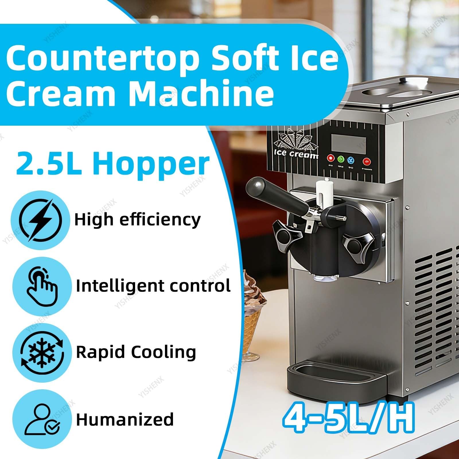 Máquina De Sobremesa Para Helado Suave 450 W, Enfriamiento Rápido, 4-5 L/H, Capacidad 3,5 Litros, Dureza Ajustable, Limpieza Automática, Un Solo Sabor, Cuerpo Acero Inoxidable(Gray)