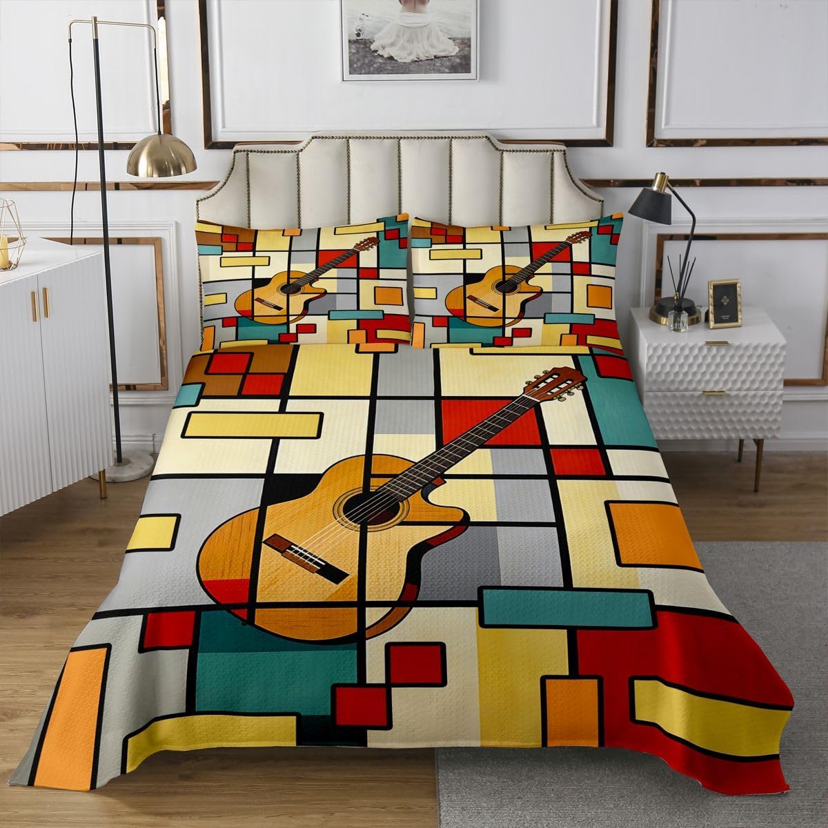 jejeloiu Guitar Bedspread Twin Size Rock Music Coverlet Set Geometric Quilted Coverlet for All Season with 1 Pillowcase Guitar Instruments Microfiber Lightweight