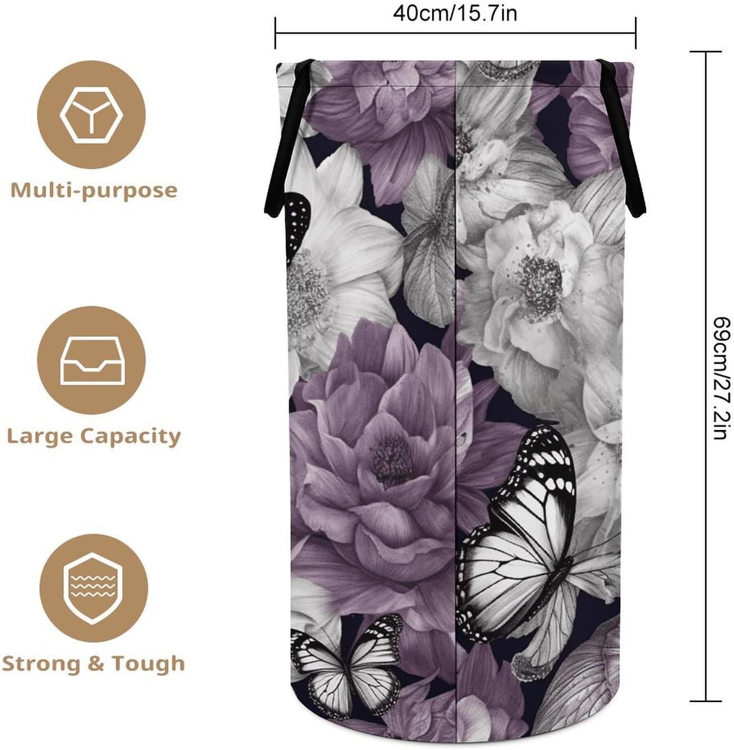 Purple Butterflies Floral Large Capacity Laundry Baskets,Collapsible Clothes Hamper with Handles，Laundry Hampers for Bathroom,Bedroom,Towels