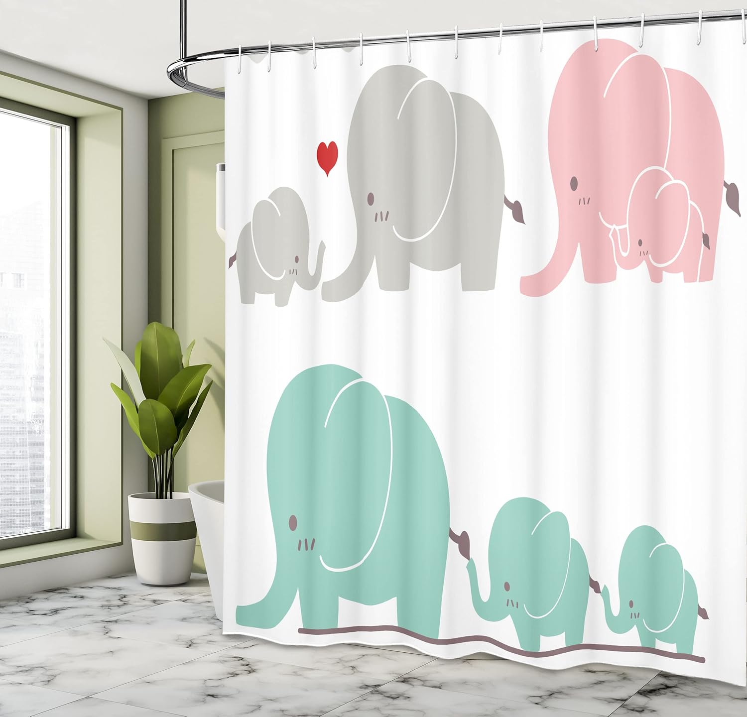 Ambesonne Cartoon Shower Curtain, Family Love Theme Elephants Mother's Day Theme, Cloth Fabric Bathroom Decor Set with Hooks, 69" W x 70" L, Pale Pink Seafoam Grey