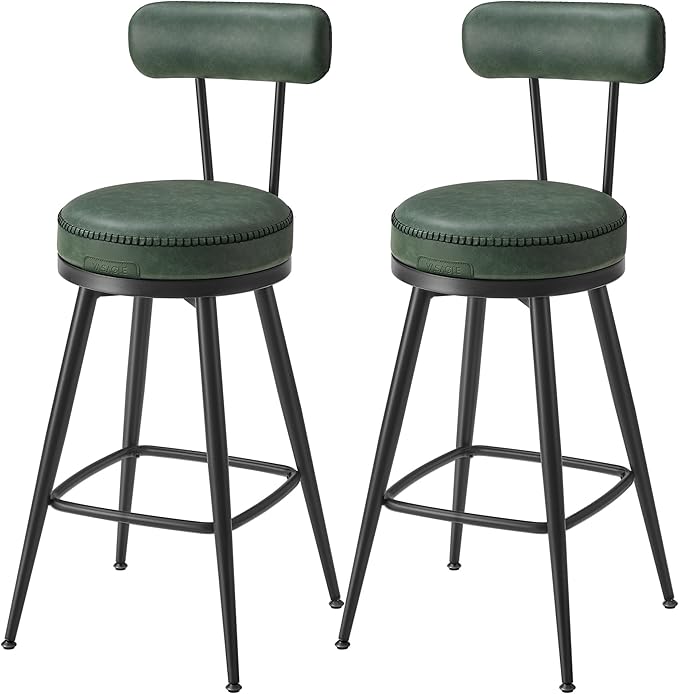 VASAGLE EKHO Kollektion – 360° drehbarer Barhocker, 2er Set, Hocker mit Rückenlehne für Kücheninsel, Kunstleder mit Nähten, Mid-Century-Modern-Stil, 65 cm hoch, Küche, Hausbar, waldgrün LBC089C01