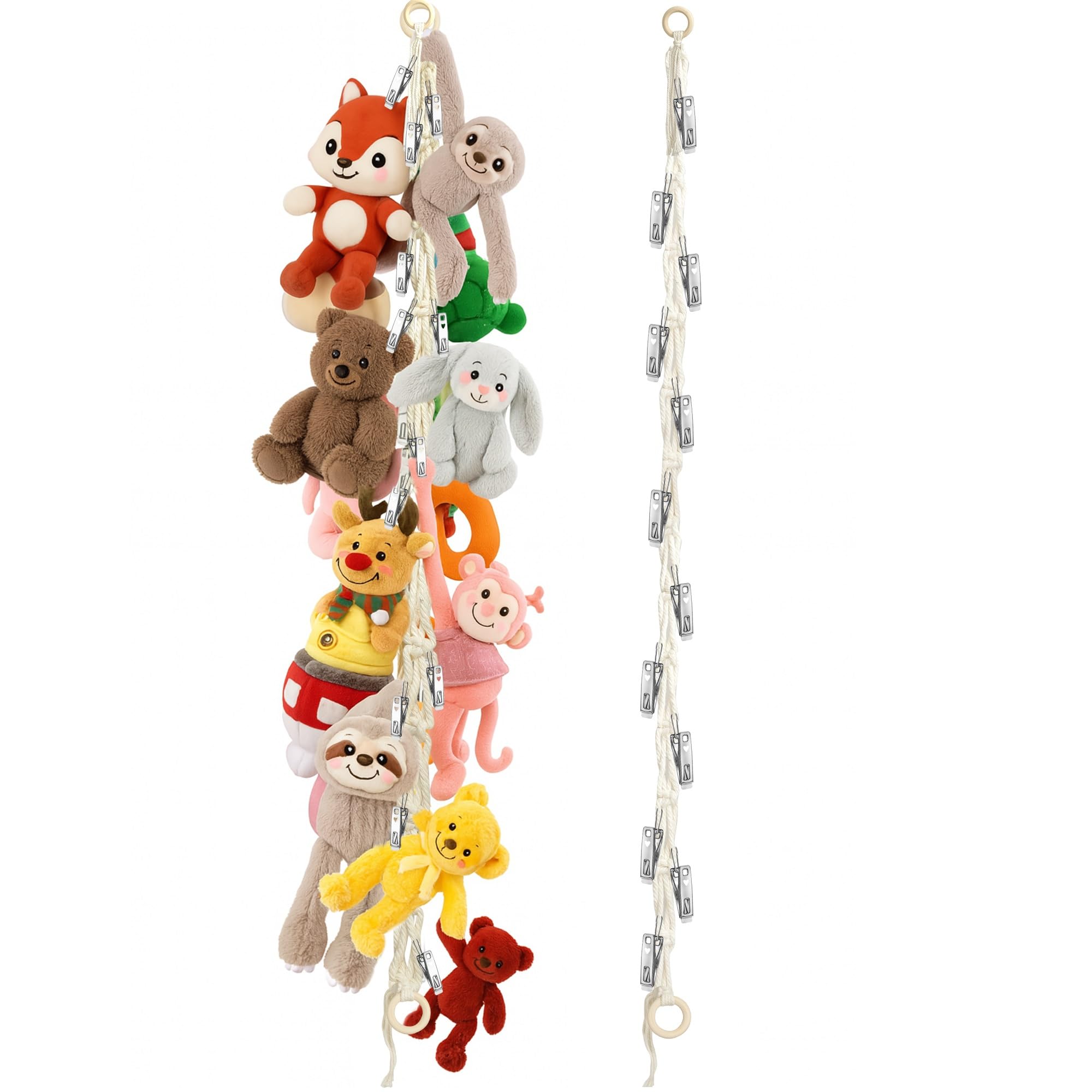 Dorblely Stuffed Animal Storage Hammock Corner - Hanging Stuffed Animal Holder with 20 PCS Metal Clips, Boho Stuffed Animal Organizer Chain for Hanging Hats Socks Holiday Cards