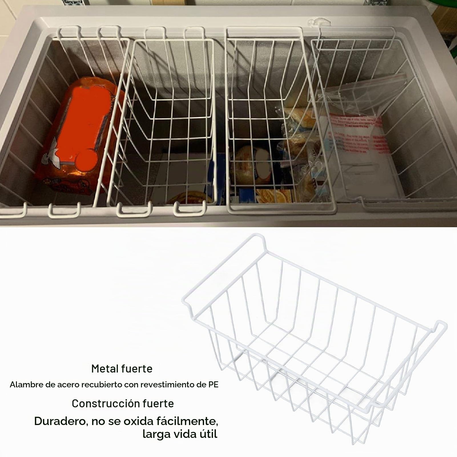 2 Cestas Grandes de Almacenamiento de Alambre para Congelador, Inoxidables con Asas Portátiles, Ideales para Despensa, Nevera, Baño, Dormitorio, Lavadero y más. (49,5x24,5x20
