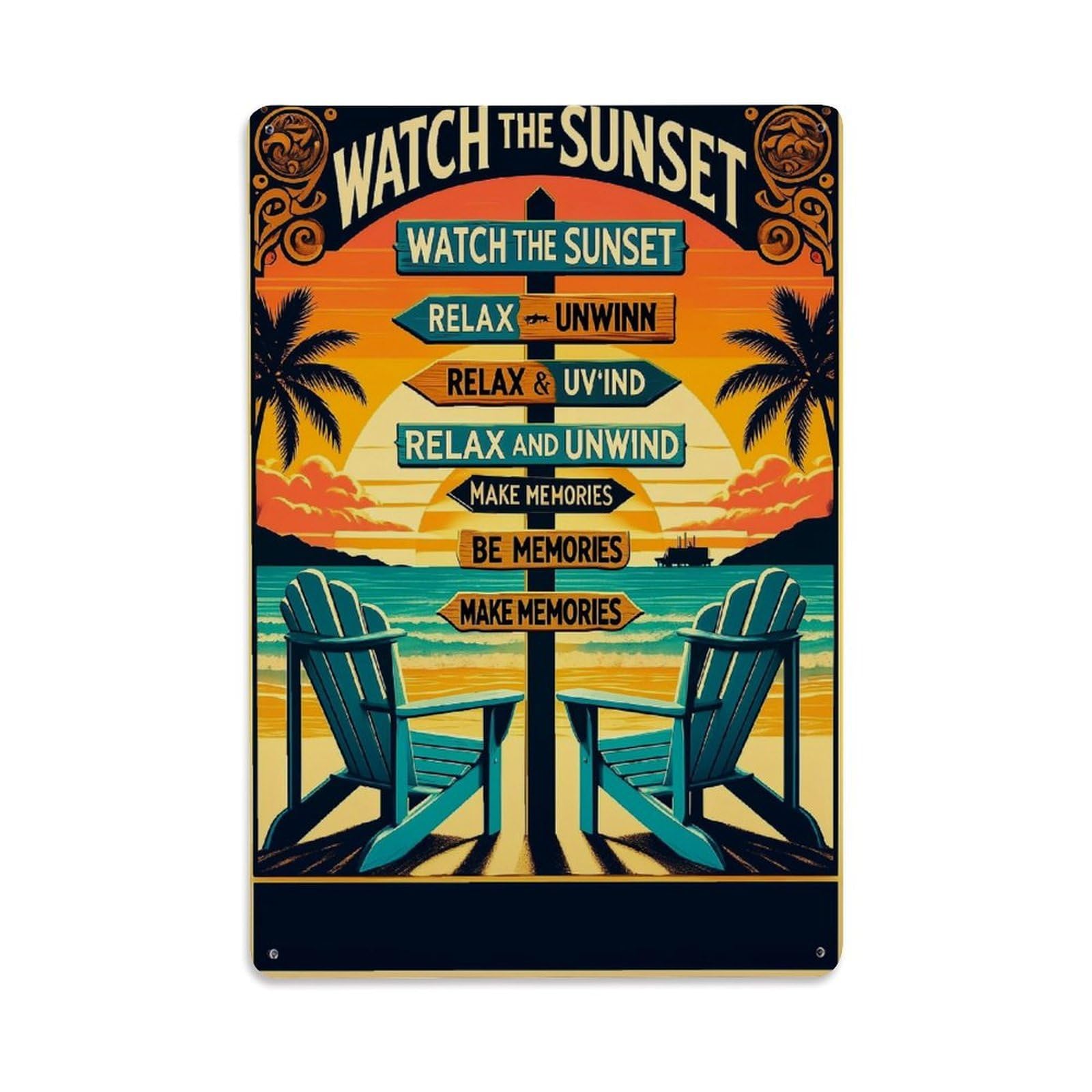 Sunset Beach Chairs Palm Trees Ocean Retro Metal Tin Sign, Vintage Decor Art Poster for Bar, Home, Man Cave, Kitchen, Laundry Room Gift 8x12Inch