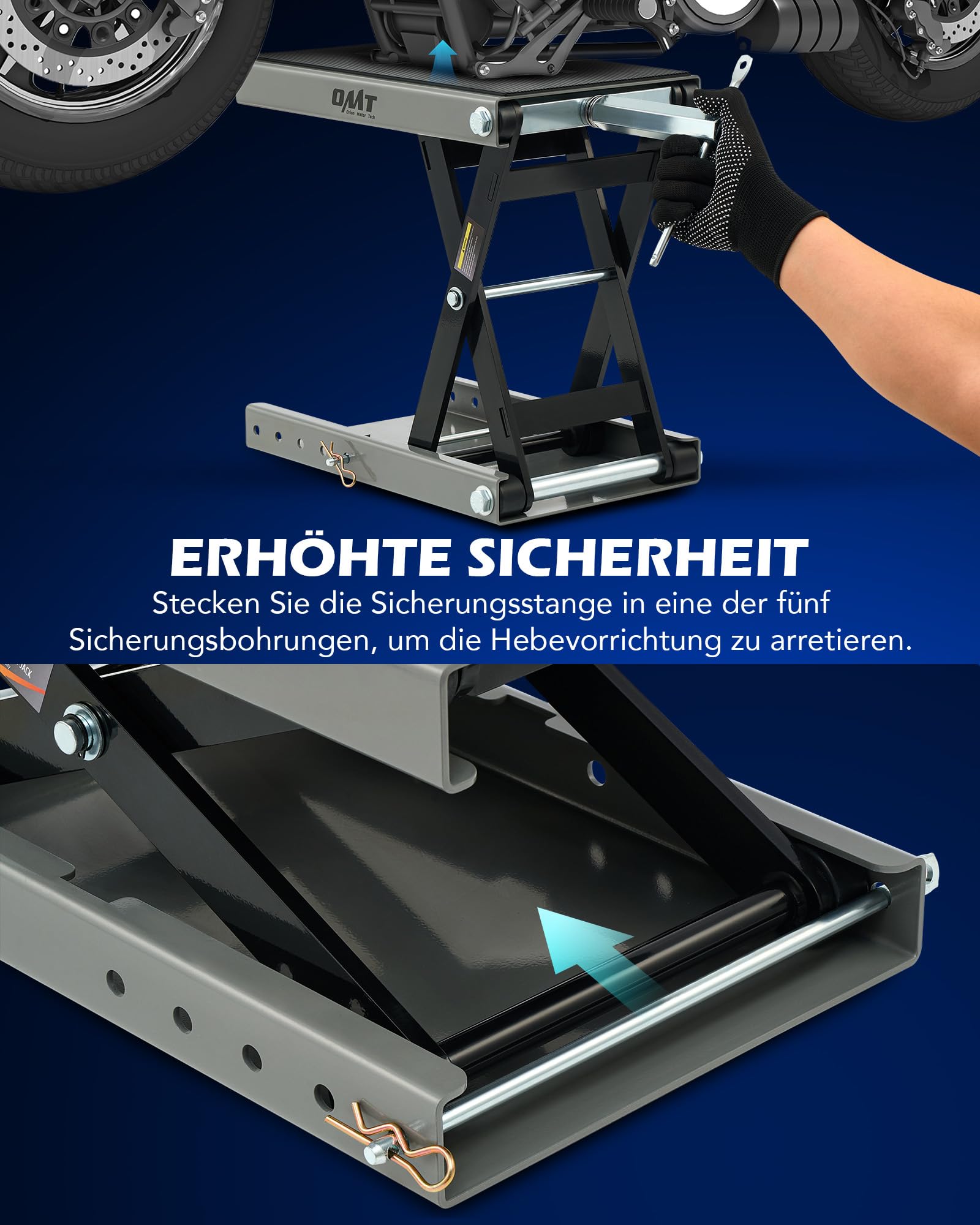 Orion Motor Tech Motorradheber Motorradhebebühne höhenverstellbarer 95-370mm Hebescheren-Mittelständer mit Kapazität von 500kg/1100 lbs Fahrradreparatur-Scherenheber für die Motorradwartung, Grau