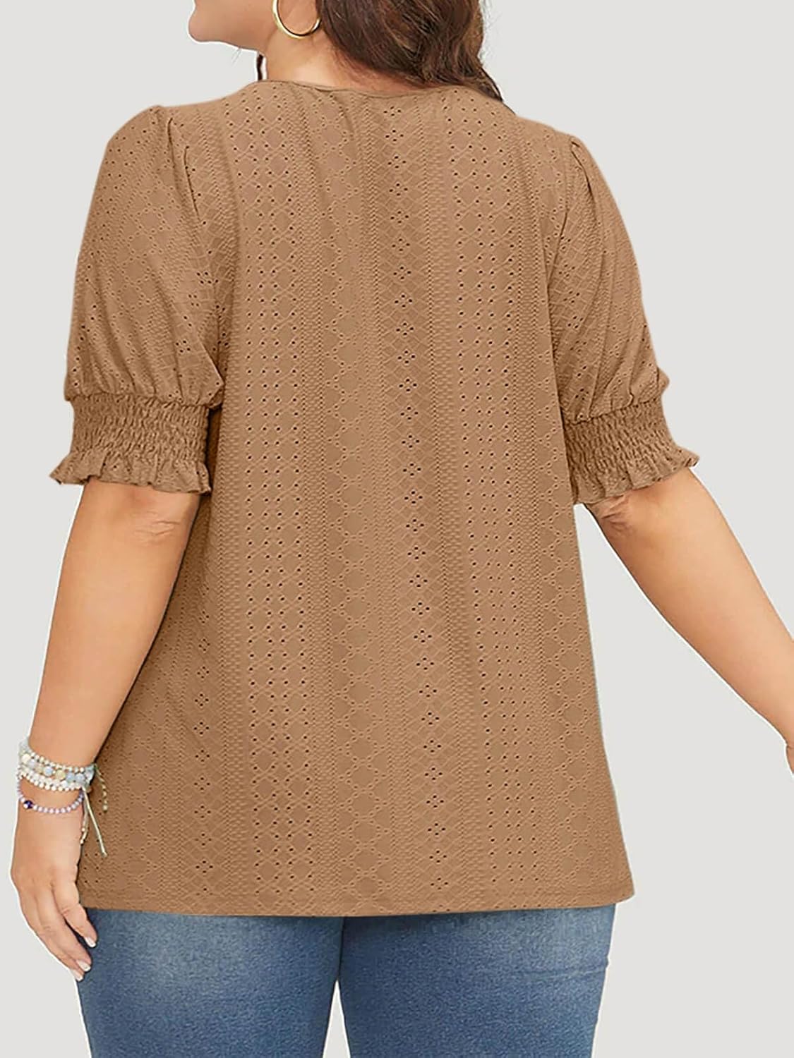 Beautife Womens Plus Size Tunic Tops V Neck Short Puff Sleeve Tops Casual Summer Eyelet Blouses - Image 4