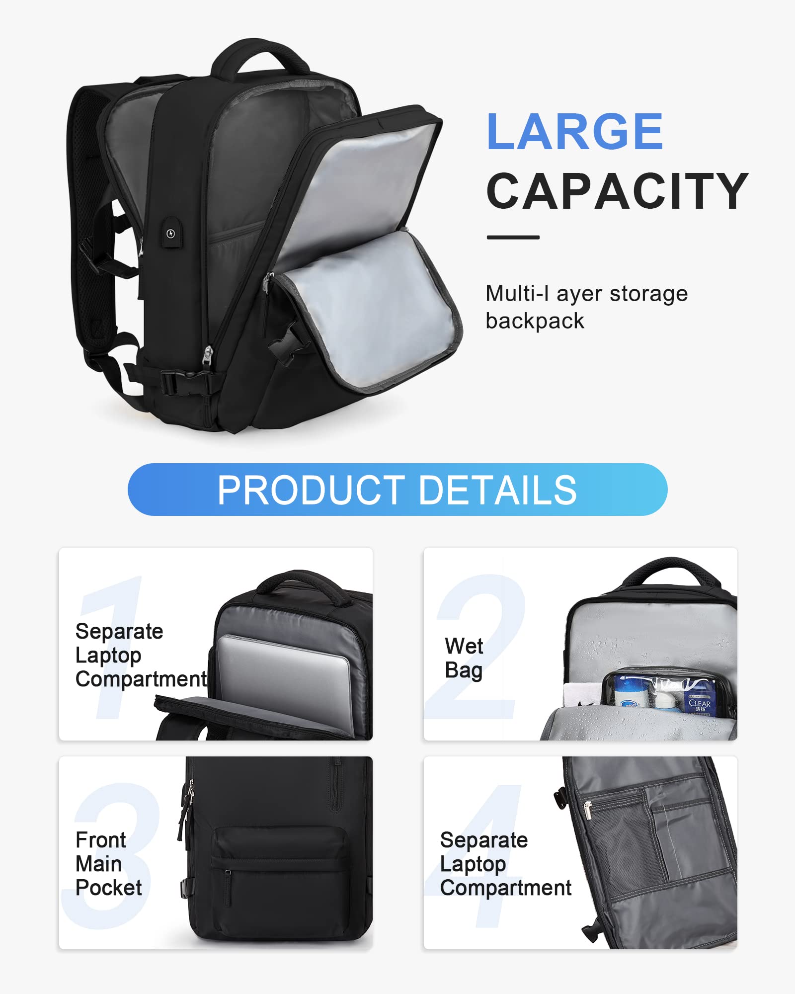 Zaino da Viaggio per Easyjet 45x36x20 Bagaglio a Mano Zaino Borse da Cabina per Ryanair Il Sedile Zaino Aereo Bagaglio a Mano Donna Borsa Cabina Viaggio Zaino Travel Viaggio Casual Daypack,A1-Nero