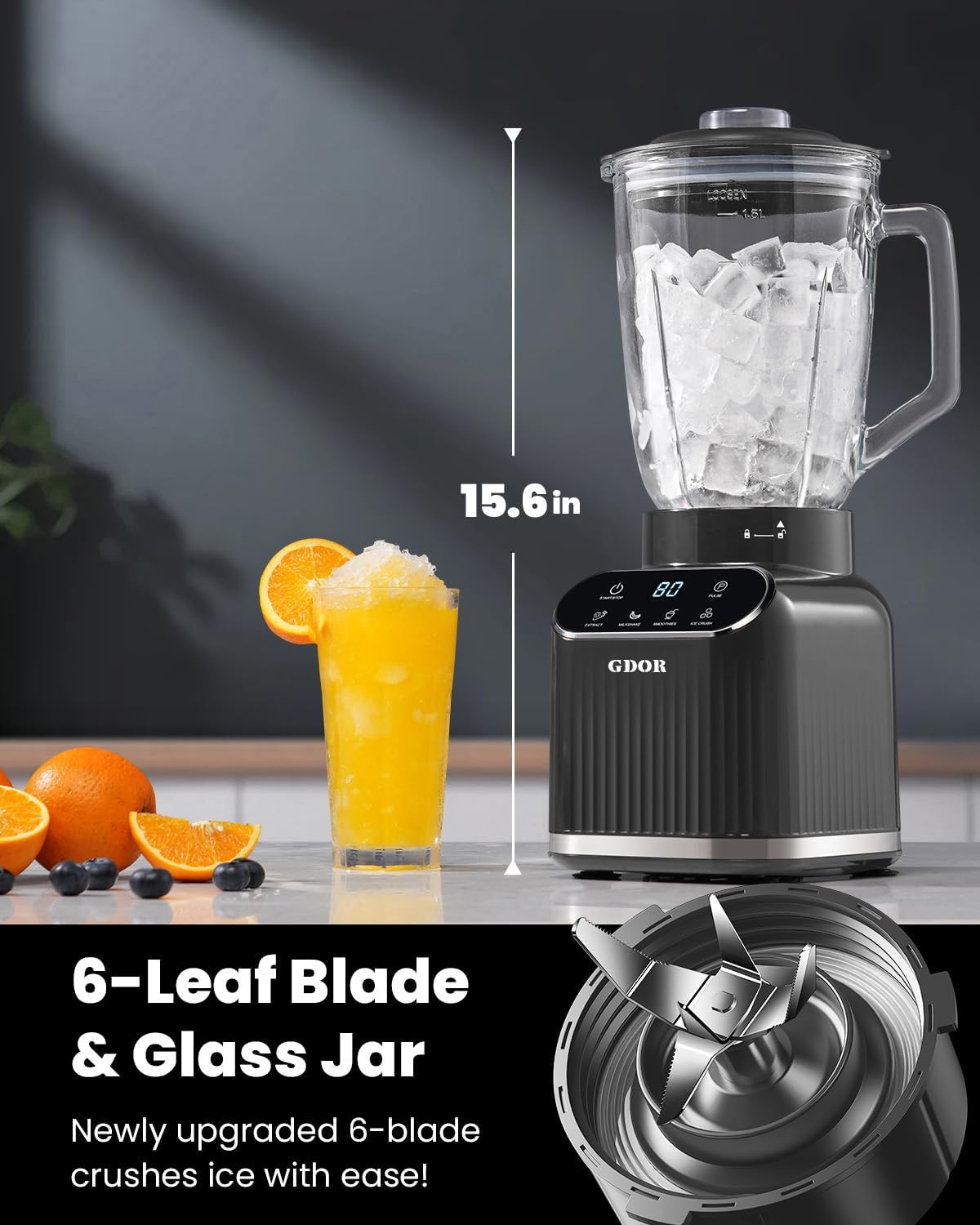 GDOR Professional Blender for Kitchen, 1200 Peak Watts Smoothie Blender, 5 Functions for Ice Crushing & Frozen Fruit, 52 Oz Glass Jar & 24 Oz To-Go Cup Combo, Self-Cleaning, Gray - Image 4