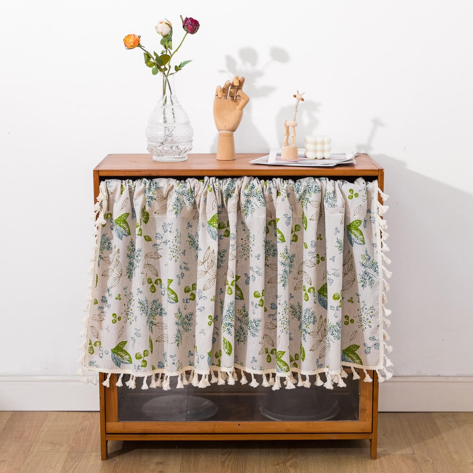 Cortinas cortas de tul para cocina o comedor con estampado de hojas y borlas