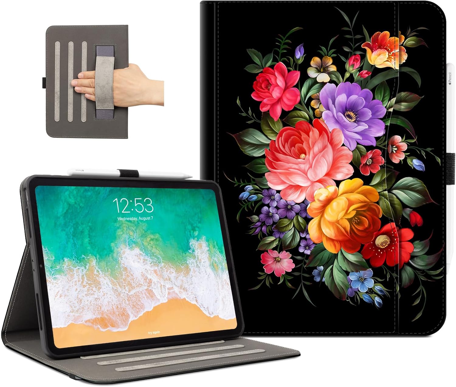 Lokigo Case for iPad Air 13" M4/M3/M2 (2026/2025/2024), iPad Pro 12.9" 6th/5th/4th/3rd Gen with Pencil Holder/Hand Strap/Pocket, Support Touch ID, Shockproof Soft Back Stand Cover, Black Flowers