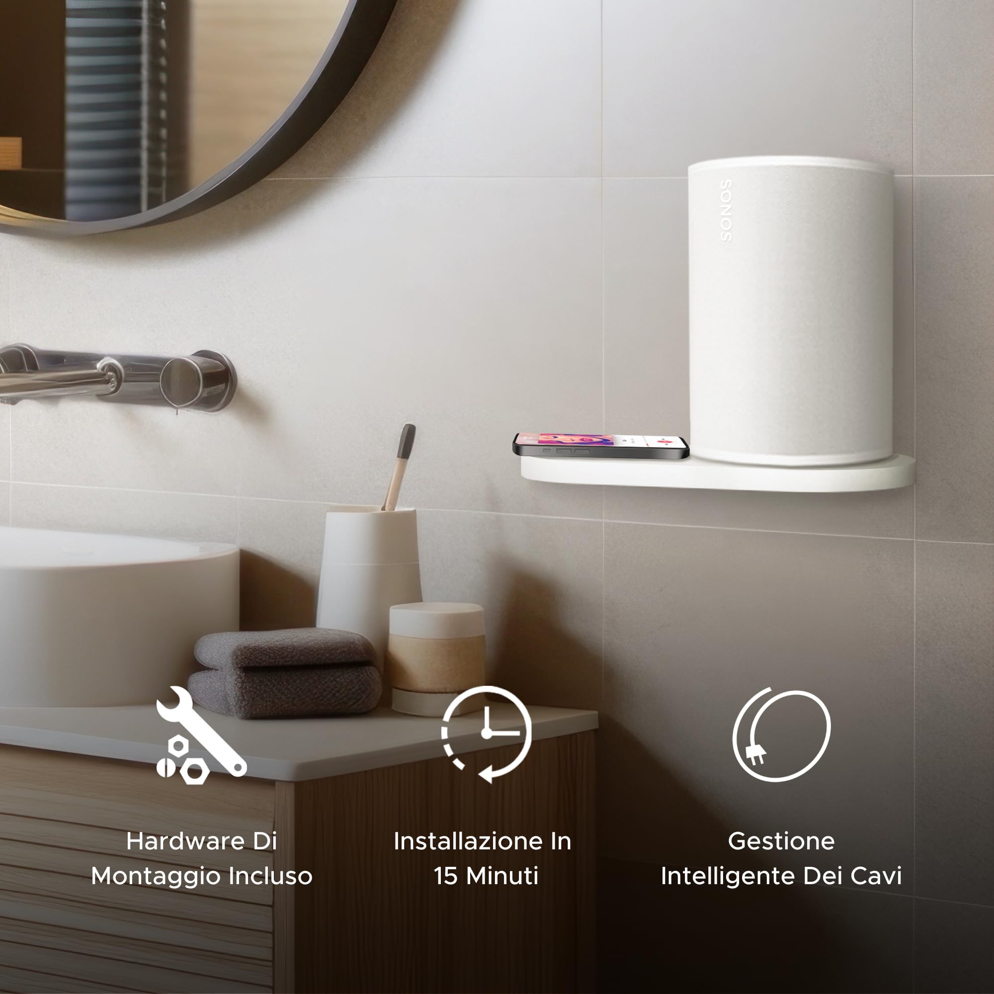 Supporto a Mensola da Parete ERA 100 Bianco per Sonos ERA100 & ERA 100 SL, Singolo, Gestione Cavi