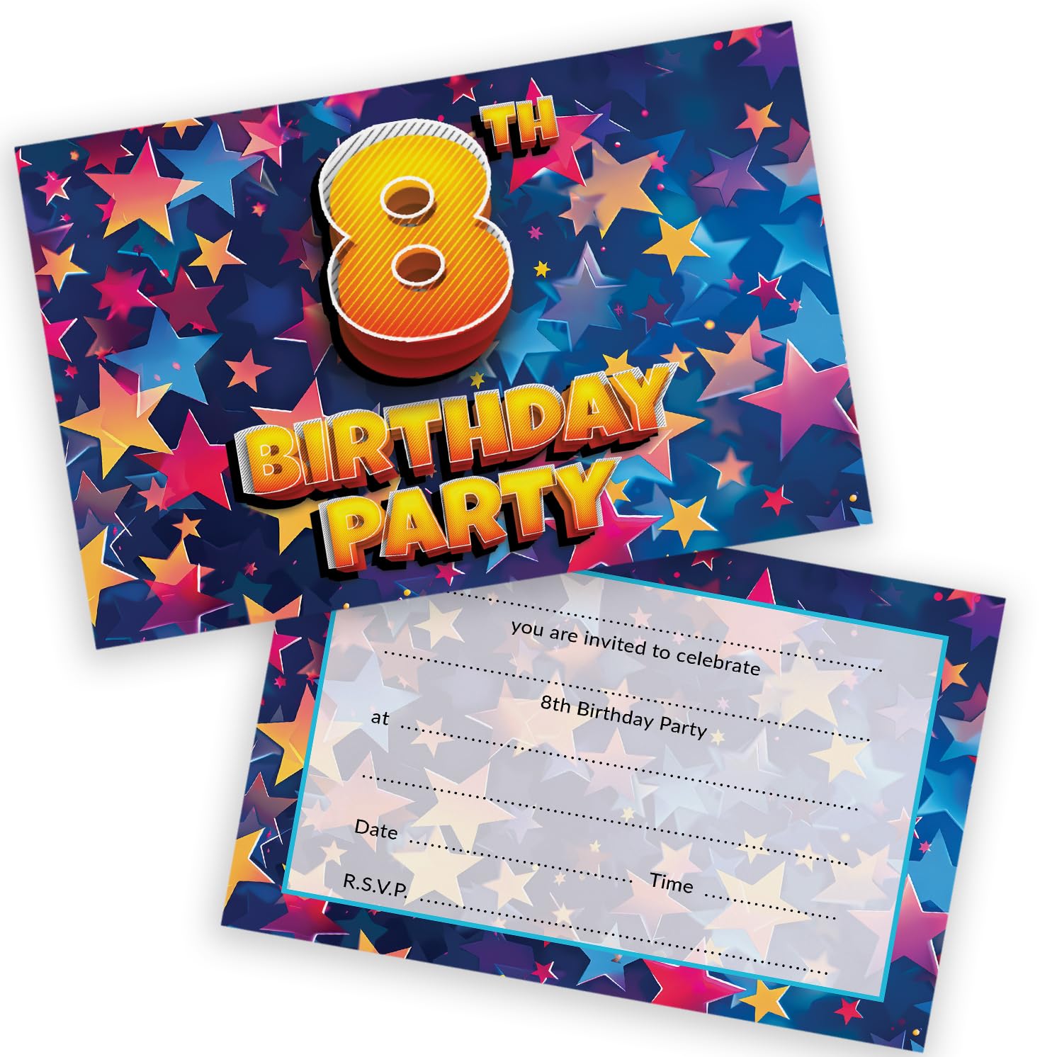 8th Birthday Party Invitations Kids - Celebration Stars 36 Pack - Childrens Birthday Invitations for Boys/Girls A6 Bday Party Invites Invitation Cards with Folding Envelopes