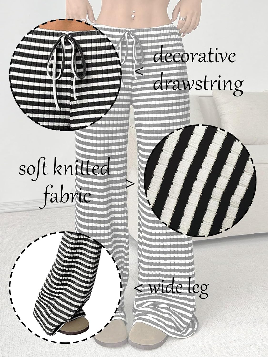 Wowcarbazole Women's Wide Leg Pants Striped Elastic High Waisted Casual Knit Palazzo Pants Drawstring Lounge Pajama Trousers - Image 5