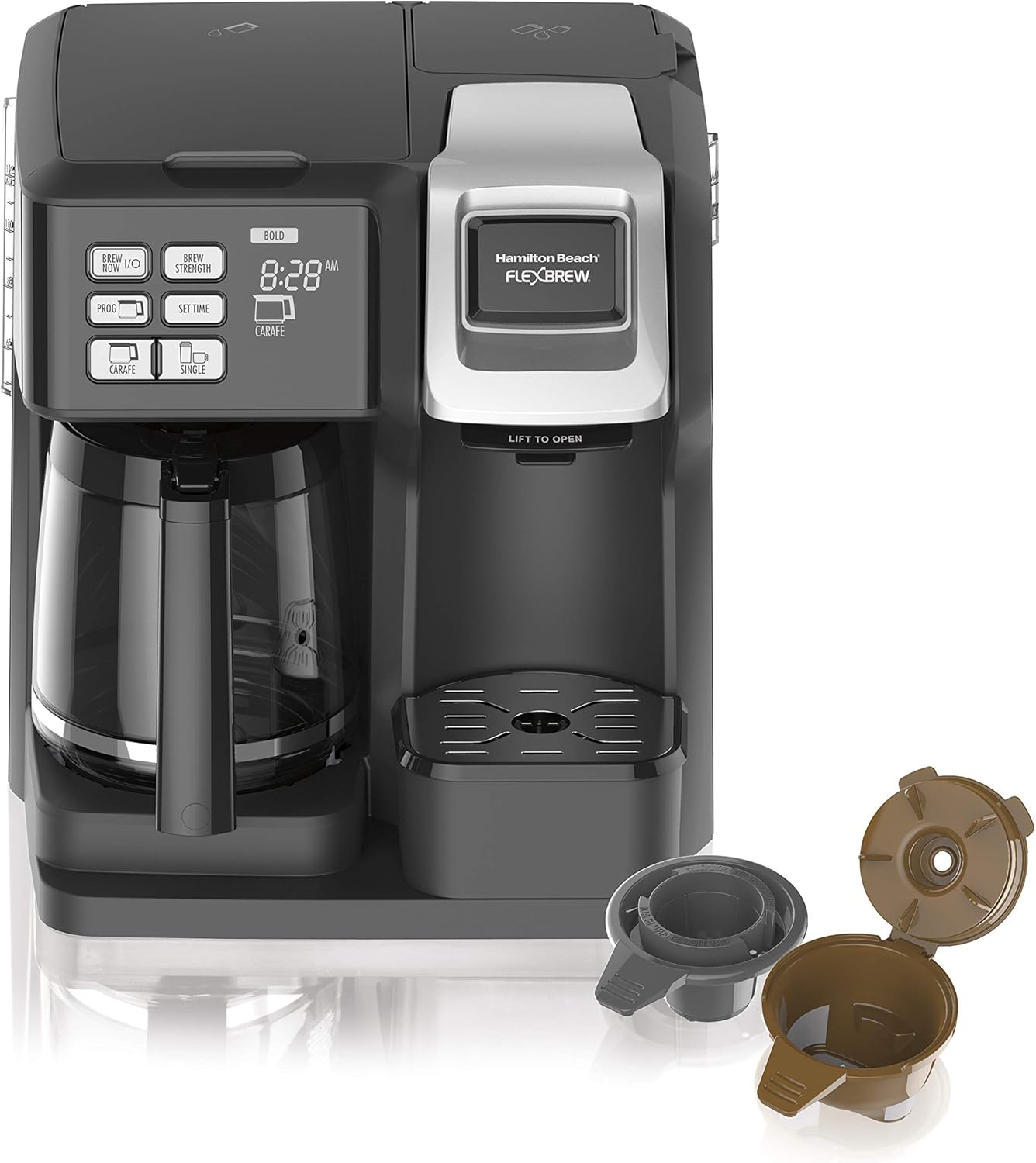 Hamilton Beach FlexBrew 2-Way Coffee Maker with single-serve lid open and accessories