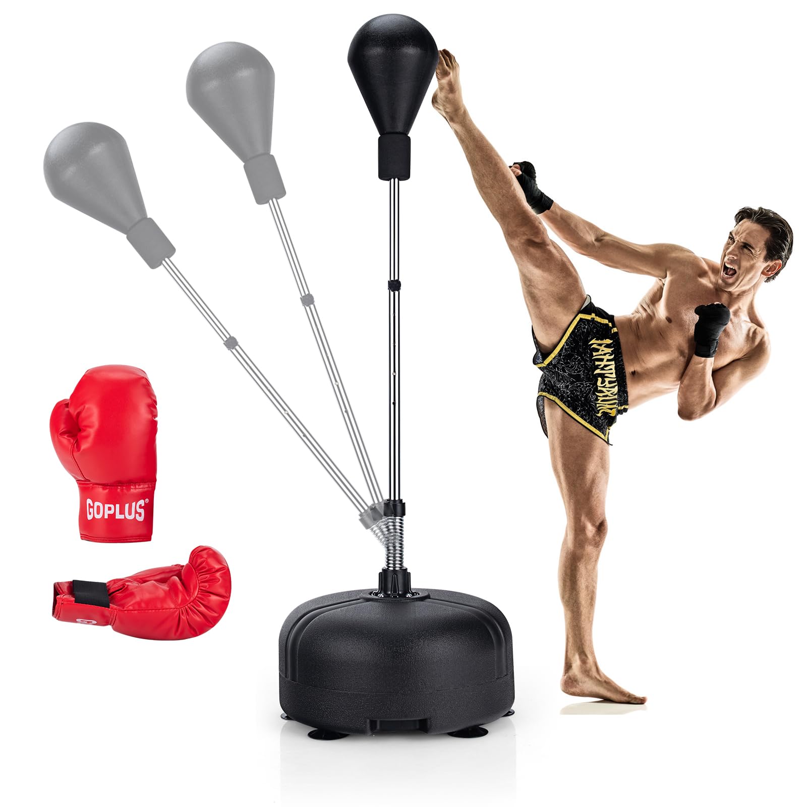 KOMFOTTEU Worek bokserski z regulacją wysokości 140-158 cm, Punchingball z rękawicami bokserskimi, stojąca piłka bokserska z nadziewaną podstawą dla dzieci i dorosłych