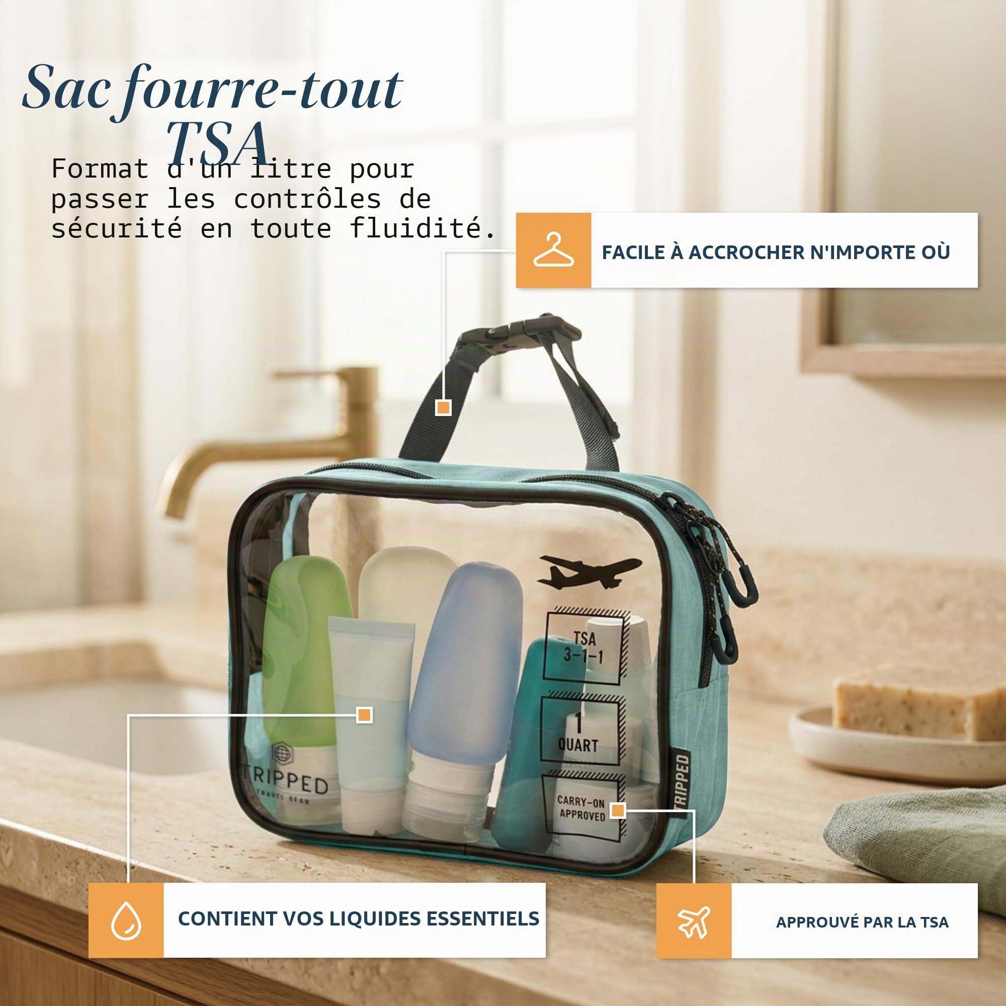 Kit de Trousse de Toilette : Trousse de Toilette de Voyage à Suspendre + Trousse à Liquide cosmétique 311 TSA + Pochette de Rangement Ultra légère pour Accessoires