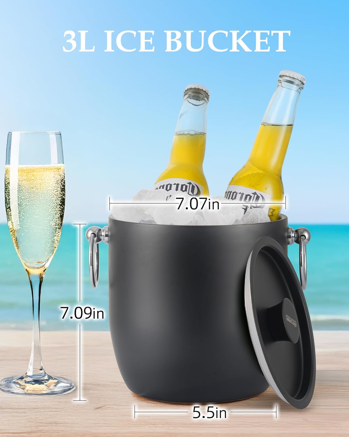 Insulated Ice Bucket, 3L Double Wall Stainless Steel Ice Bucket with Tongs,Lid, Scoop and Strainer, Ice Buckets for Parties,Cocktail Bars, Chilling Beer, Champagne, Wine Bottles - Image 2