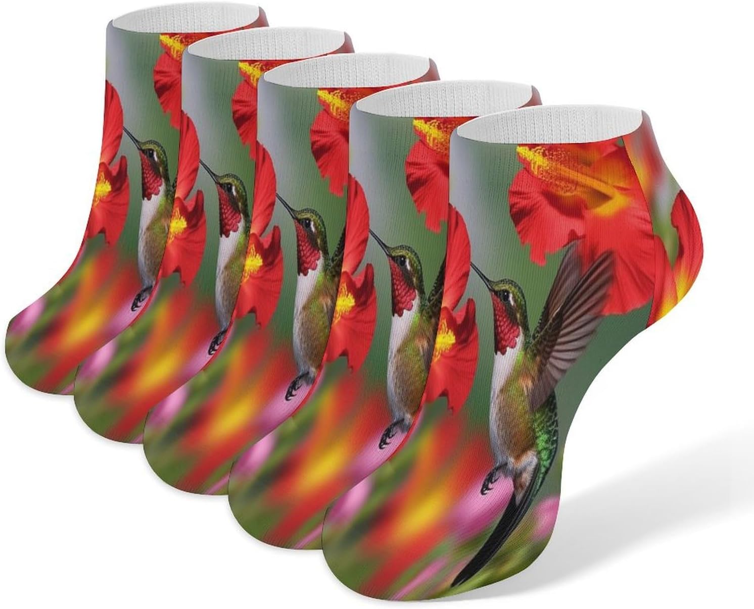 Women's Thin Elastic Socks Low-top Sports Invisible Hummingbirds Red Flower Hibiscus Printed Ankle Socks 5 Pairs Suitable for Travel Commuting Outdoor